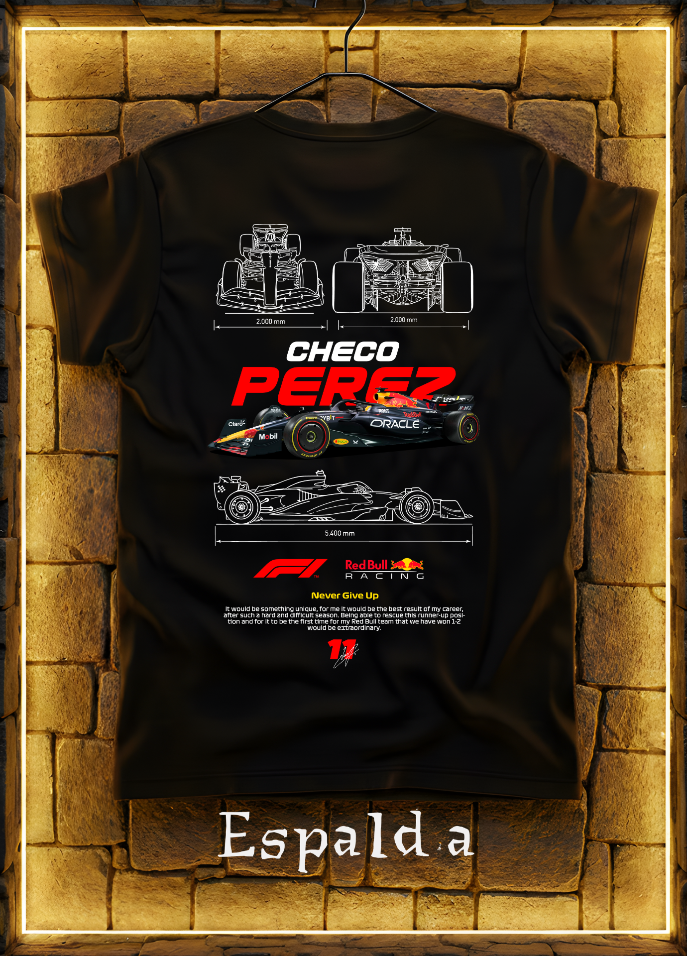 Playera Checo Pérez F1 Blueprint Edition – Blanco & Negro | Diseño Espalda