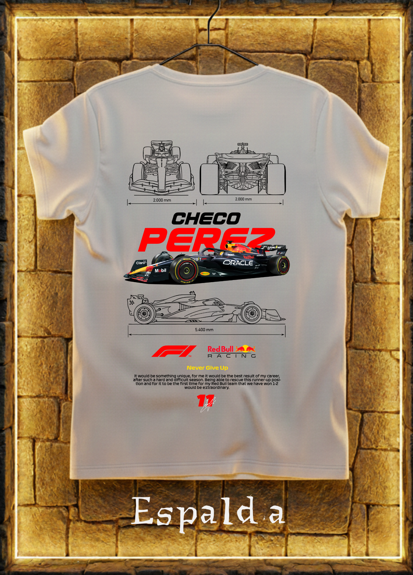 Playera Checo Pérez F1 Blueprint Edition – Blanco & Negro | Diseño Espalda